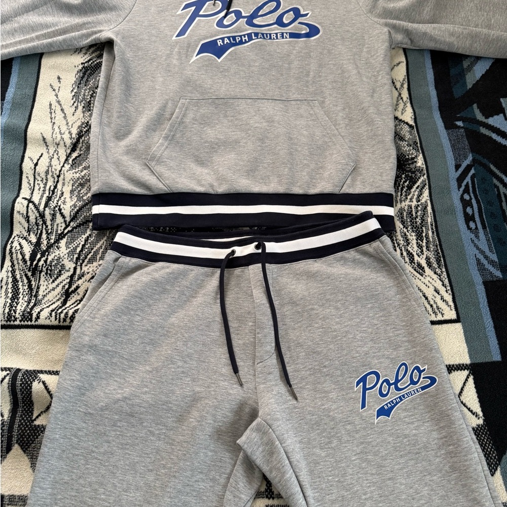 Polo Ralph Lauren Cursive Script Logo Print Heather Grey/Blue Hoodie Joggers Set